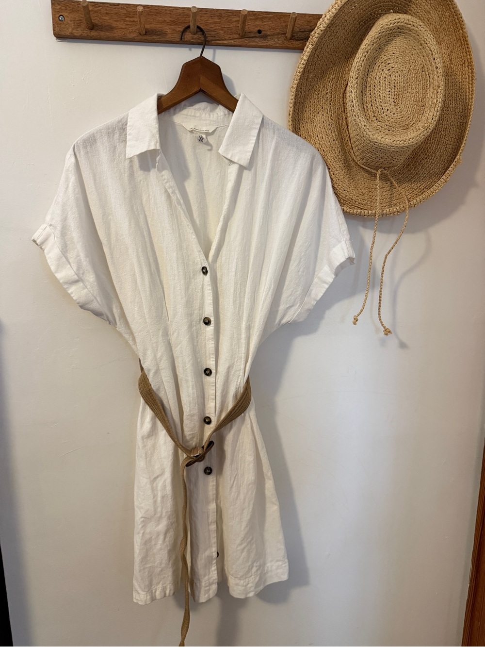 White H&M Button-Front Linen Mini Dress with tan belt - medium